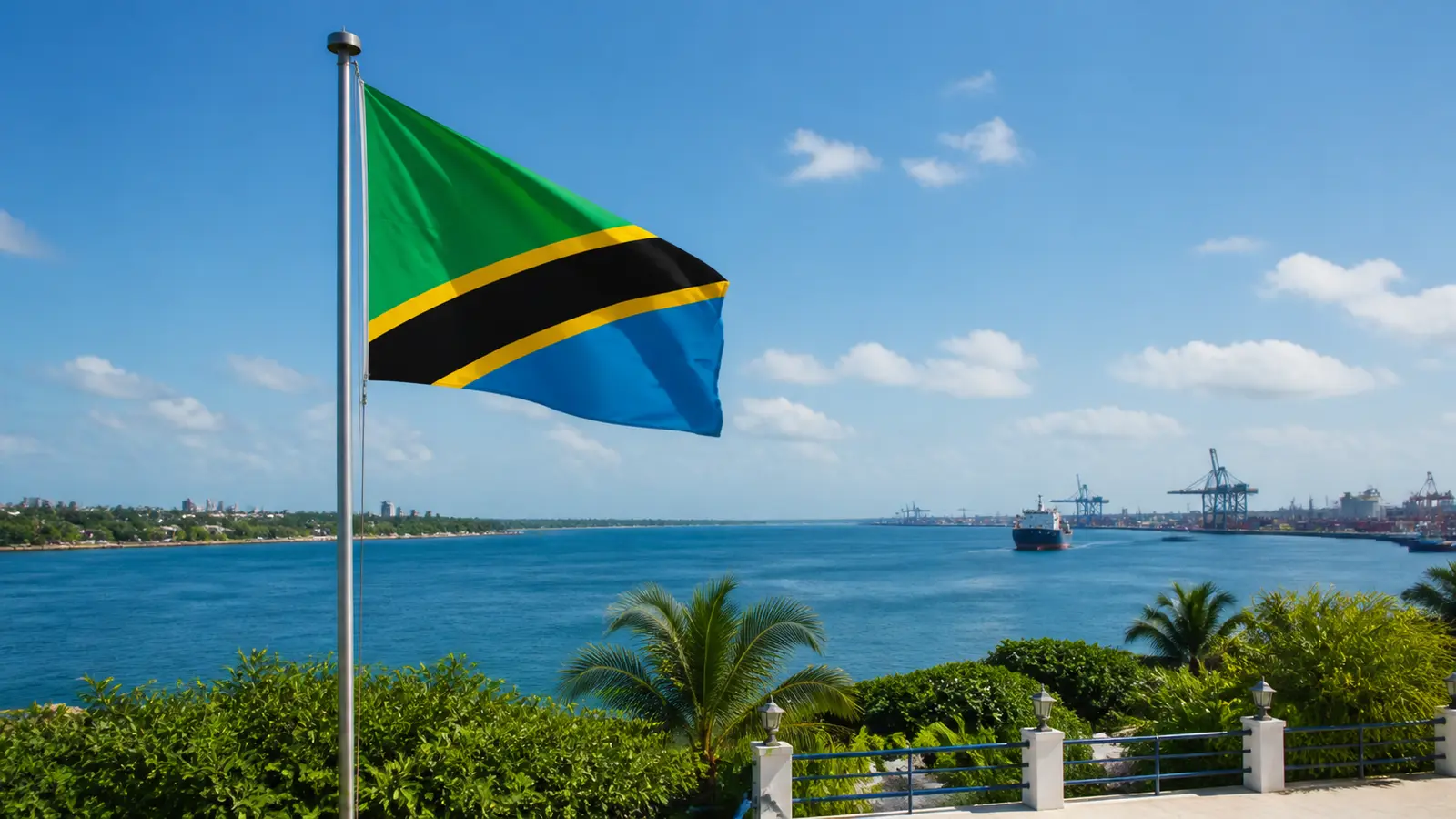 Tanzanian national flag above the bright coastline and port of Dar es Salaam