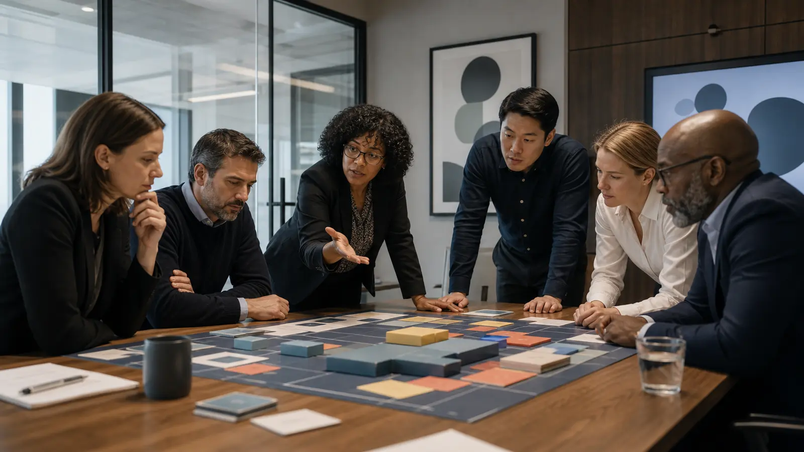 Management team examining abstract project risks during a pre-mortem workshop before launch