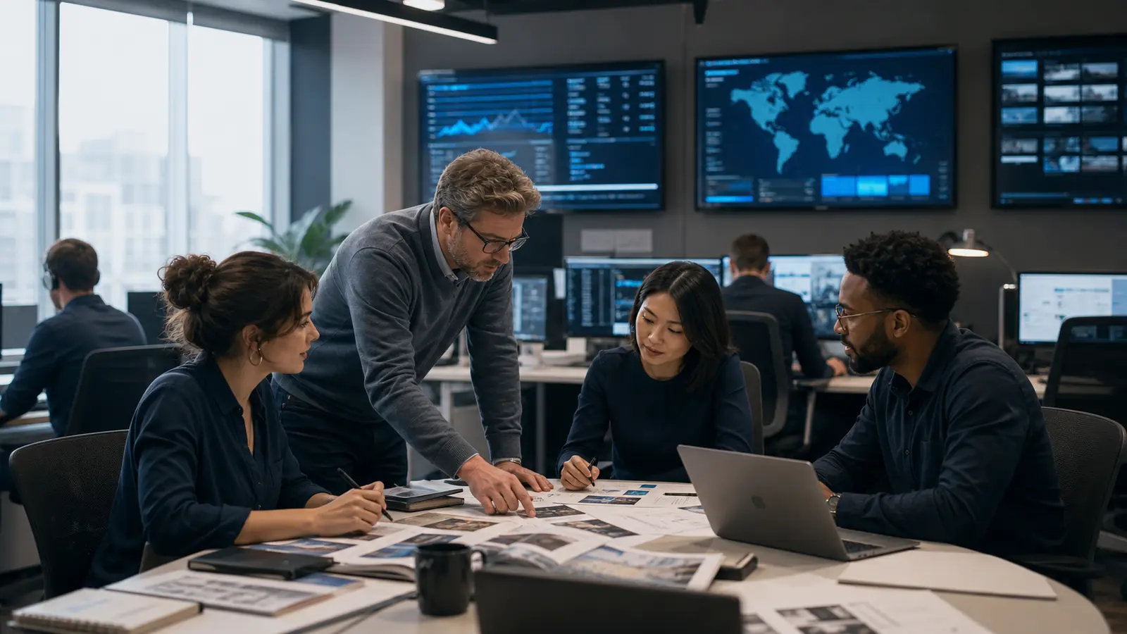 Editorial team reviewing business intelligence on large newsroom displays