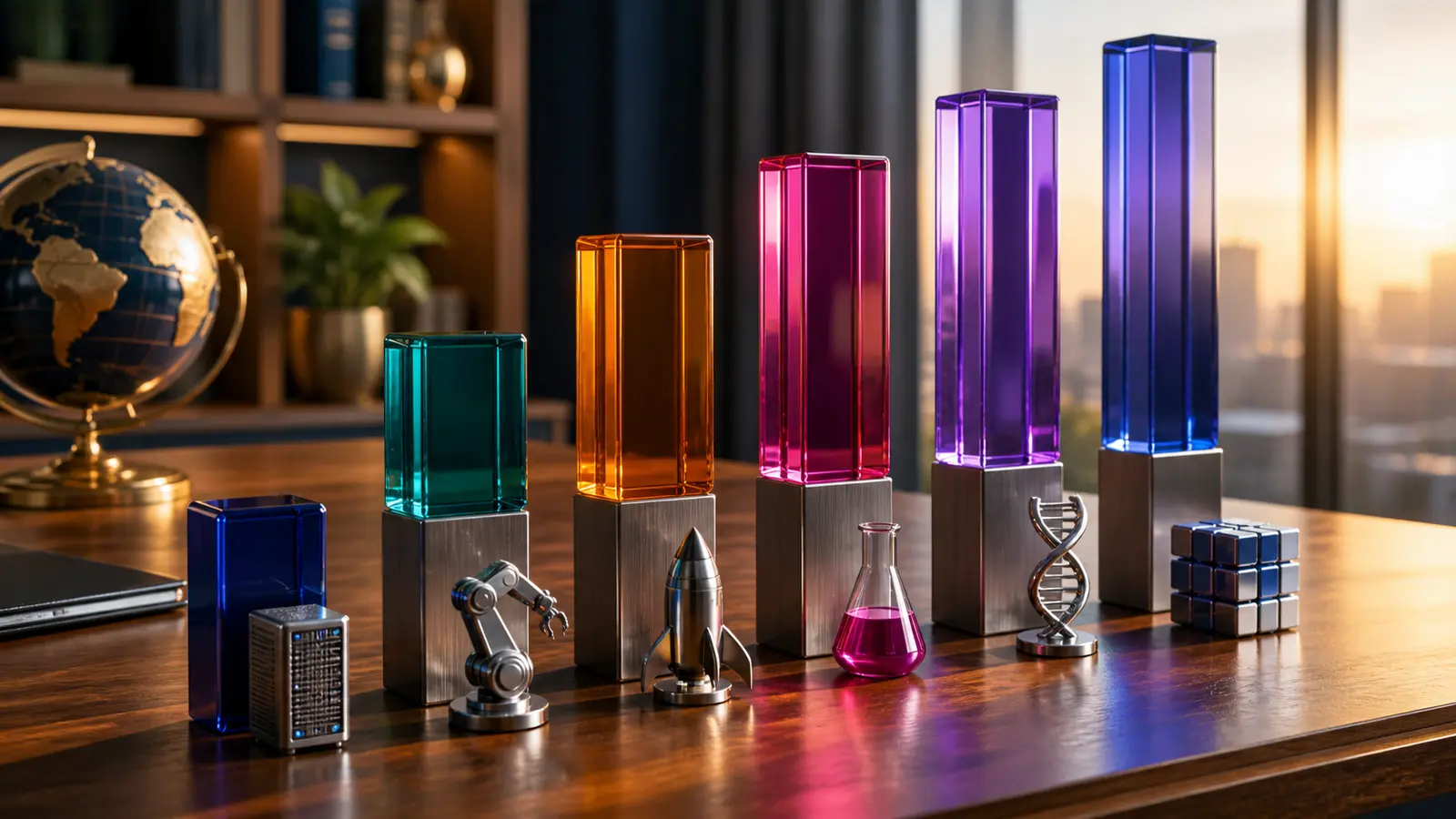 Colorful glass financial bars rise beside small unbranded symbols of computing, robotics, space and life sciences