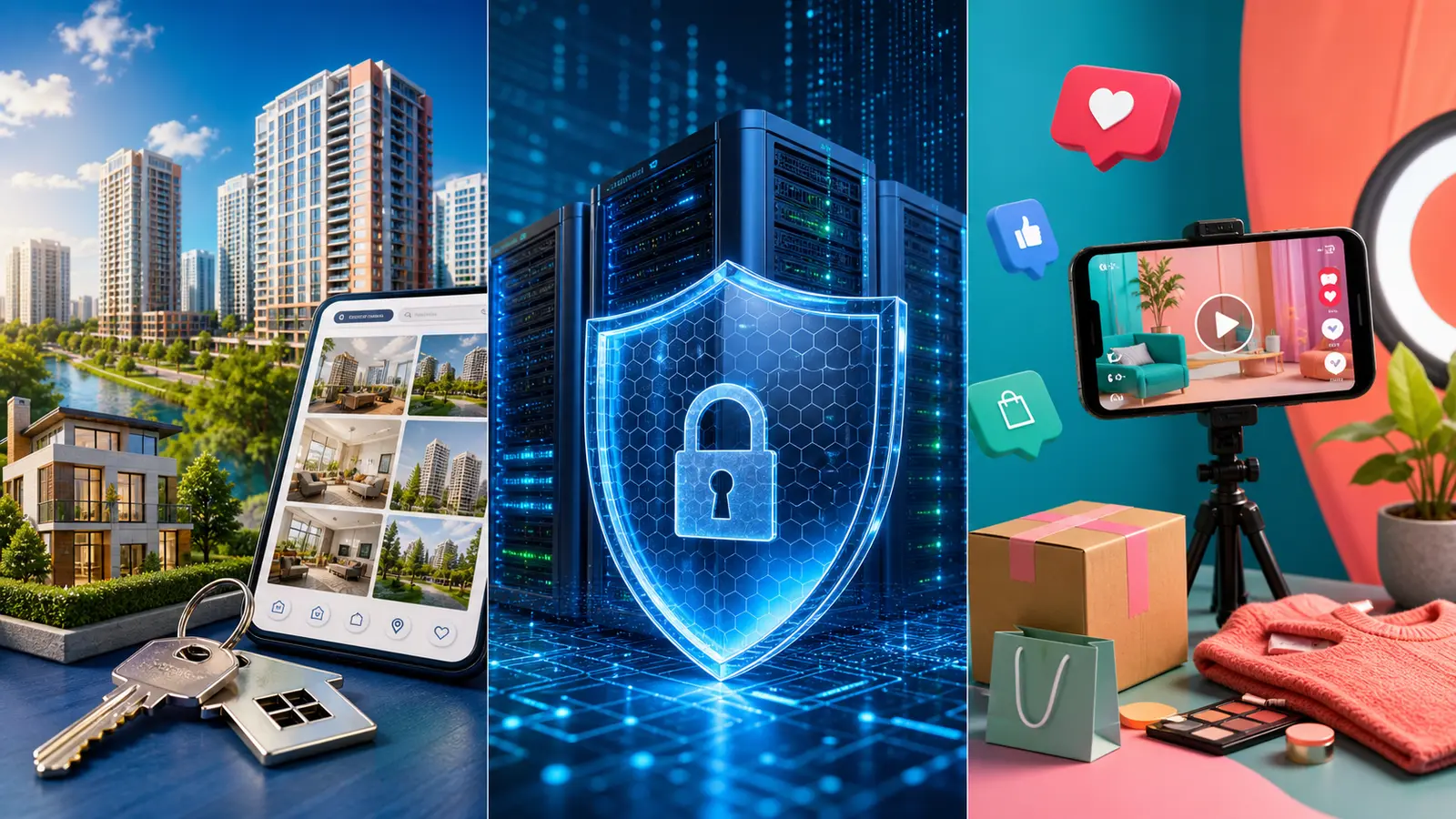 Three-panel collage showing property search, protected servers and a video commerce studio