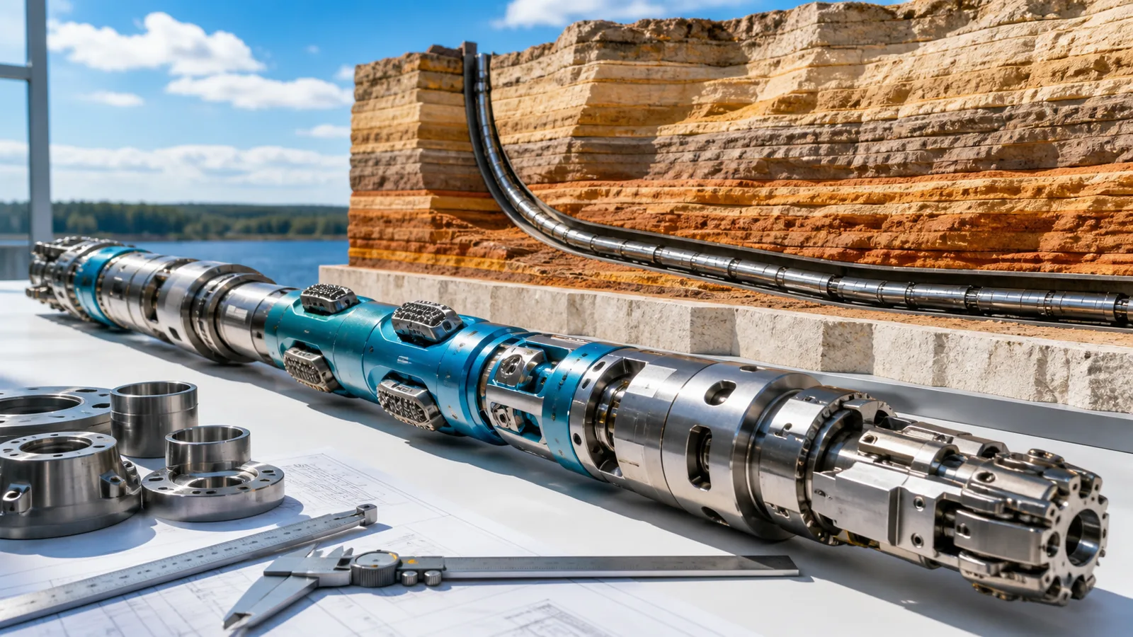 A detailed rotary-steerable drilling assembly lies on a bright engineering table beside machined parts and a cutaway geological model