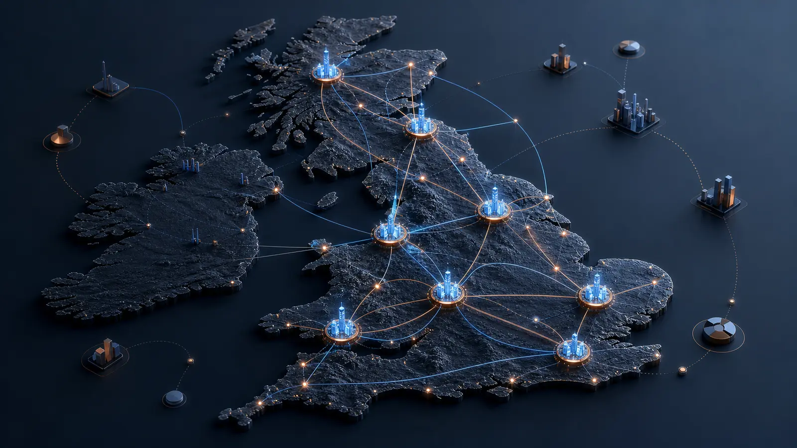 Geographic visualization of connected regional investment hubs across the United Kingdom