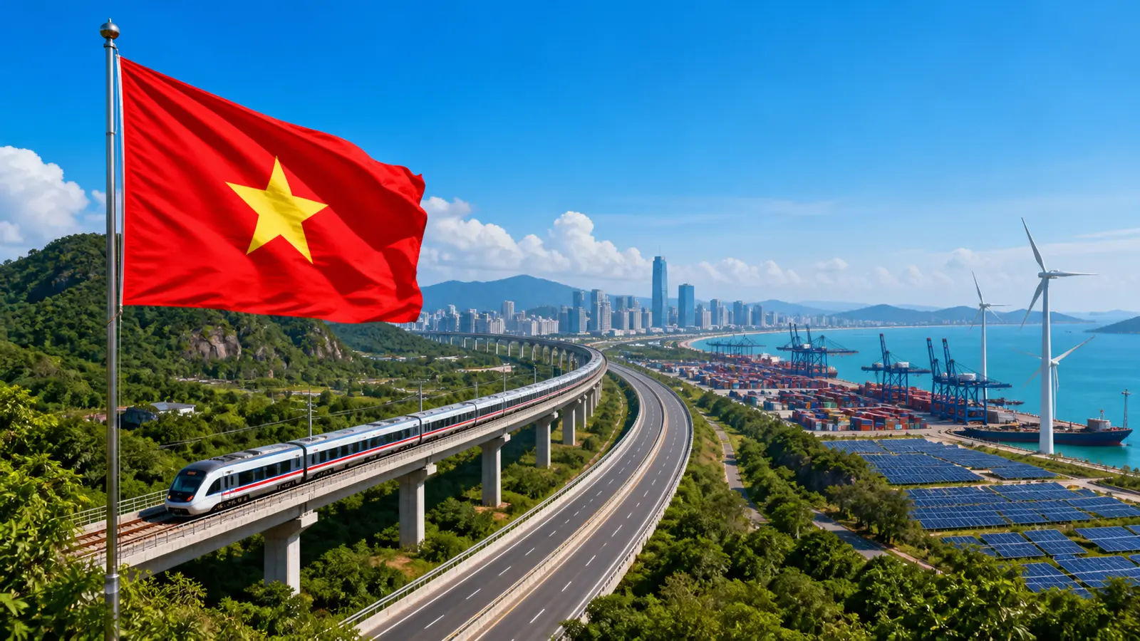 Sunlit Vietnamese infrastructure landscape combines a red flag with a yellow star, port cranes, wind turbines and a modern elevated railway