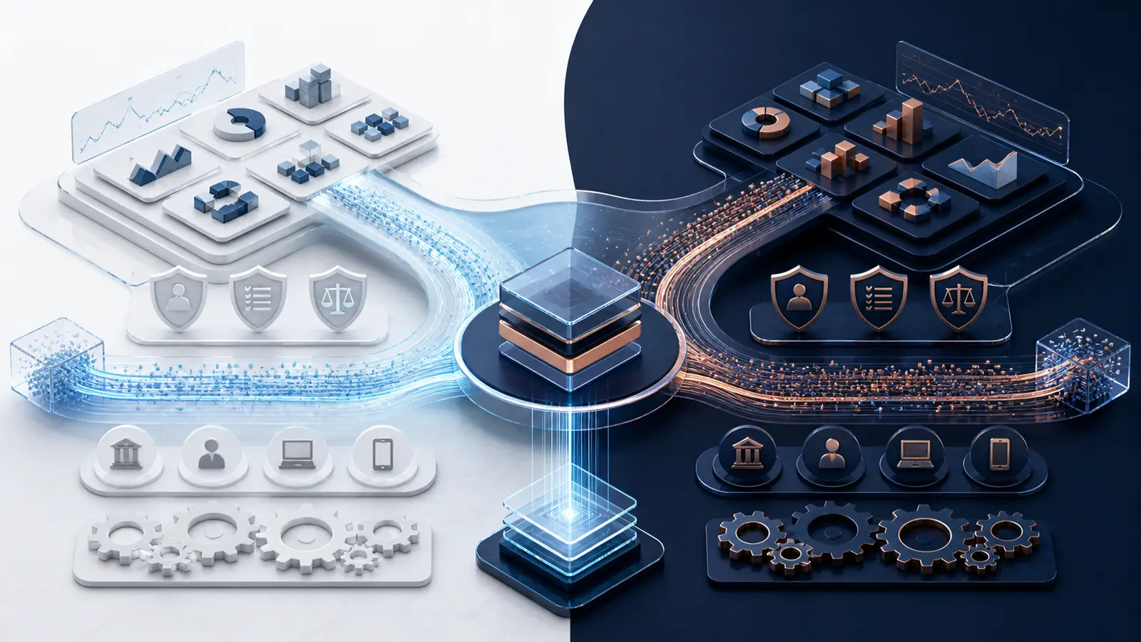 Infographic showing two wealth management operating systems converging into one integrated platform