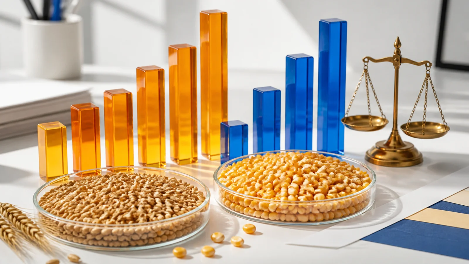 Transparent amber and blue market bars stand behind dishes of wheat and corn on a bright analyst desk