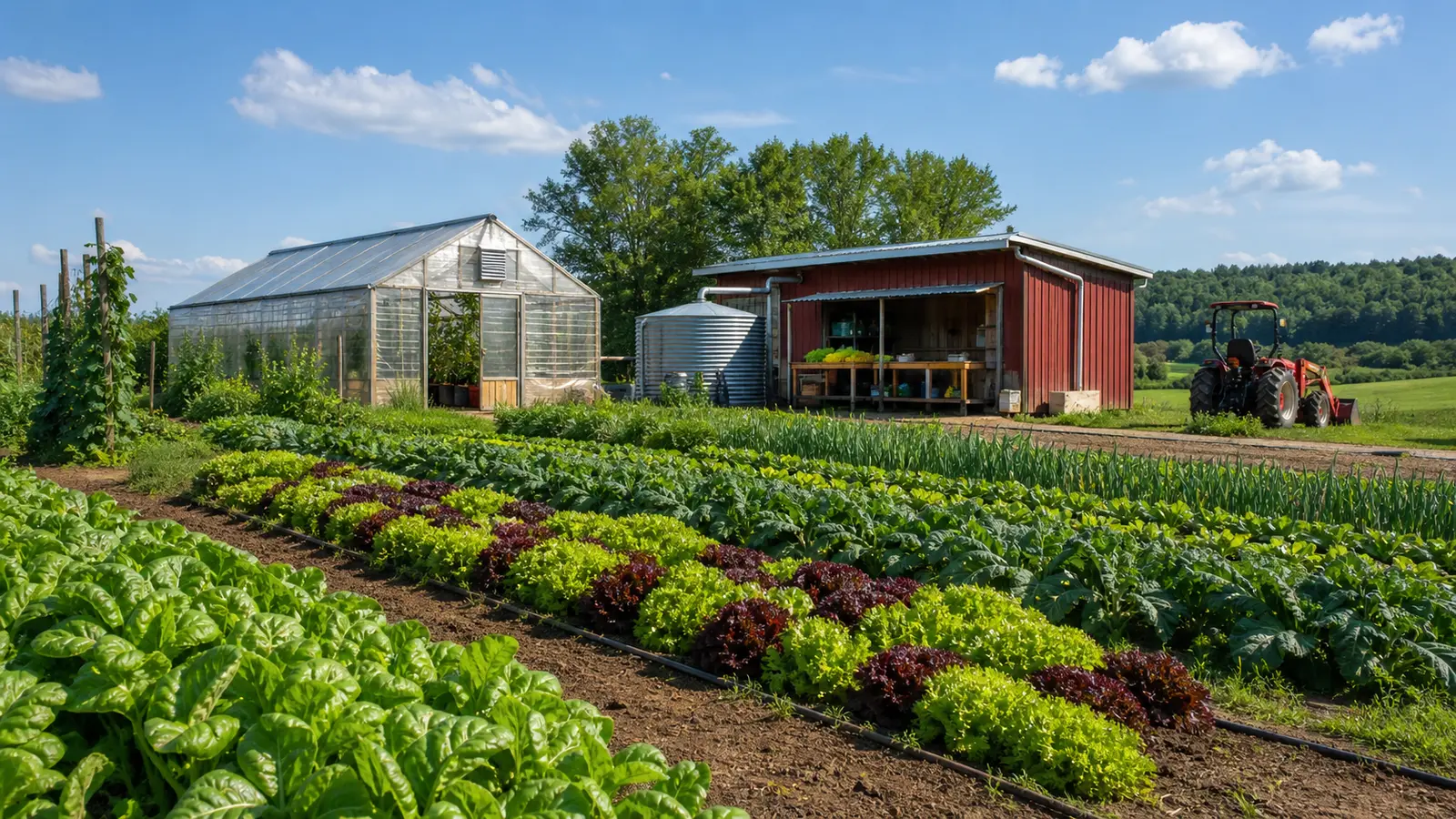 Bright sustainable farm with diagonal crop rows, a greenhouse, water storage, a packing shed and a tractor under a blue summer sky